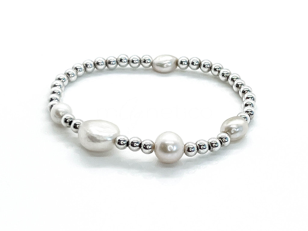 Sterling Silver on sale Puffed Heart and 4-5mm White Rice Shape Freshwater Cultured Pearl 40mm Stretch Bracelet