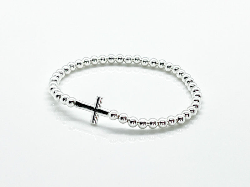 925 Silver 4mm beaded CROSS bracelet - metal/color of the moon, the feminine, the night, introspection, the cyclic nature of life, coolness, stillness, and magic.