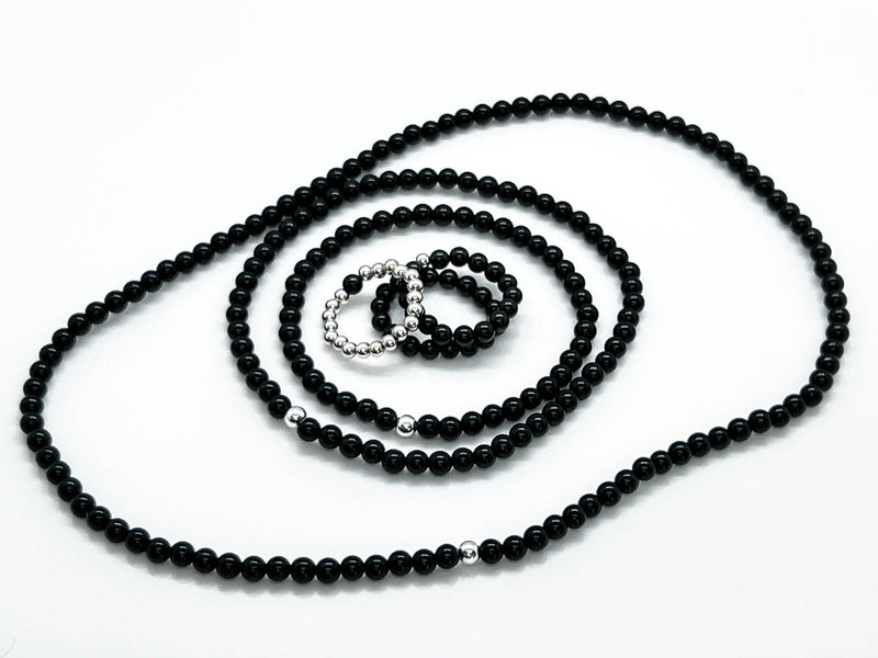 4mm Black Onyx  & 925 Silver "Minimalist" jewellery set: necklace, anklet, bracelet