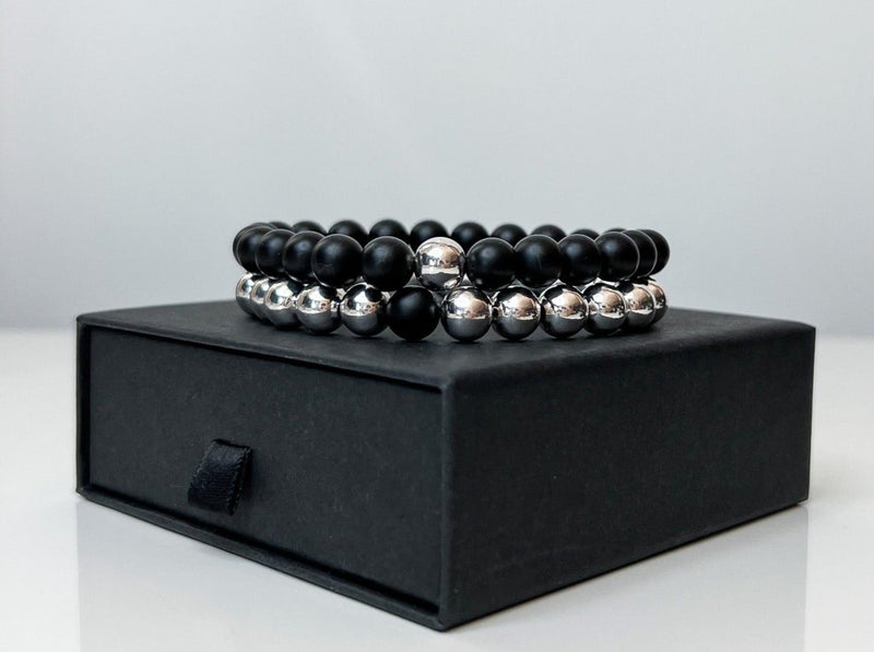 8mm Matte Black Onyx & Sterling Silver Beaded Bracelet Stack for Men - image 1