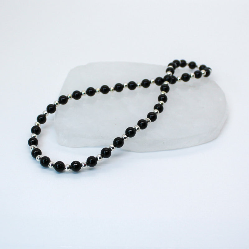 6mm Black Onyx + Sterling Silver Beaded Choker Necklace