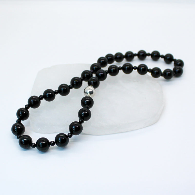 4mm & 10mm Black Tourmaline + Sterling Silver Beaded Necklace