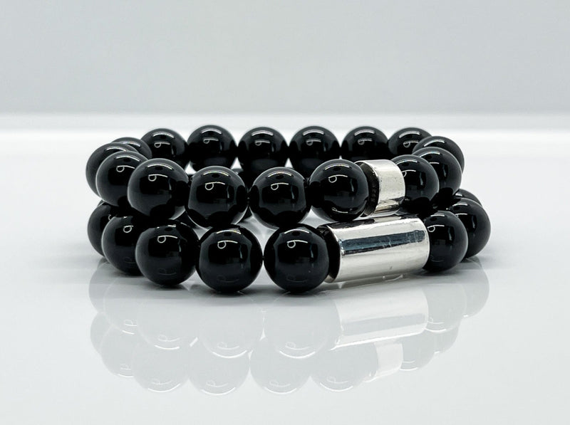 12mm Black Onyx & Sterling Silver Cylinder Beaded Bracelet For Men - image 1