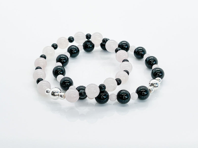 Rose Quartz, Black Onyx, 925 Silver Bracelet Stack | LOVE & PROTECTION Healing Crystal Beaded Bracelets 1